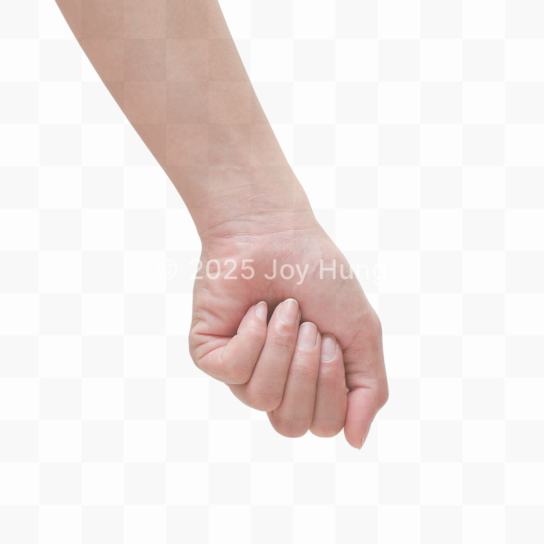 Hand closed in a fist with fingers visible on a white background.