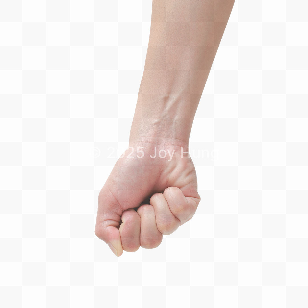 Close-up of a clenched fist on a white background.