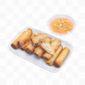 Spring rolls on a white plate with a small bowl of dipping sauce on a white background.