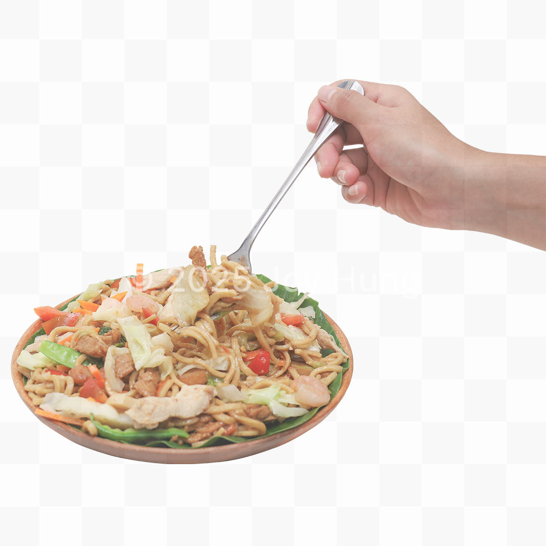 Hand holding a fork over a bowl of noodles with vegetables on a transparent background PNG cut out by Joy Hung