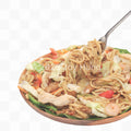 Noodle dish with vegetables on a white background