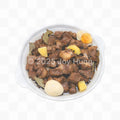 Bowl of beef stew with potatoes and eggs on a white background, branded '2025 Joy Hung'.