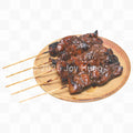 Grilled skewers on a wooden plate with a white background