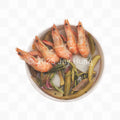 Bowl of sinigang with shrimp and vegetables on a white background