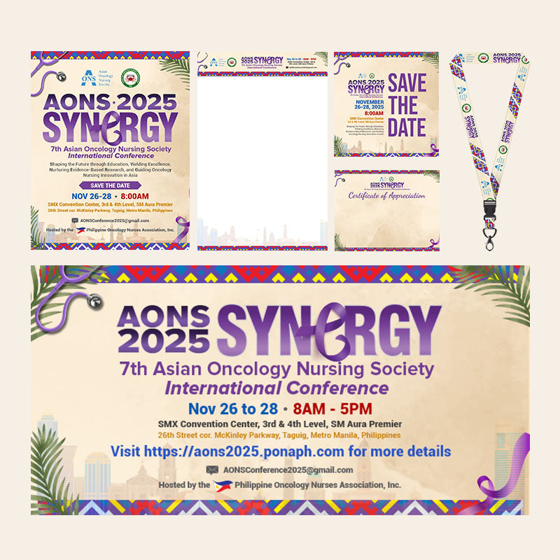 Promotional materials for AONS 2025 Synergy conference including posters, lanyard, and certificate.