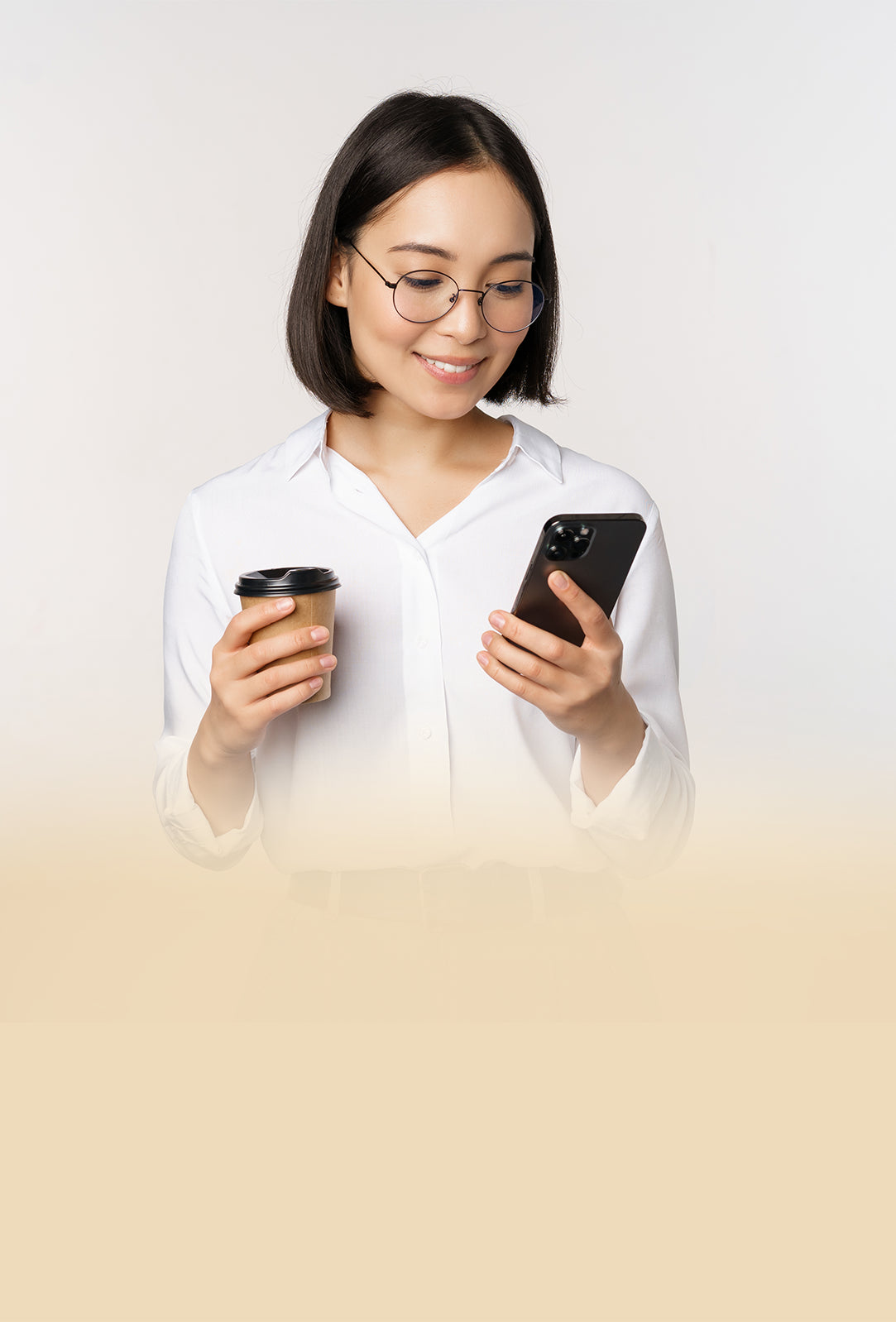 Woman holding a coffee cup and smartphone on a gradient background