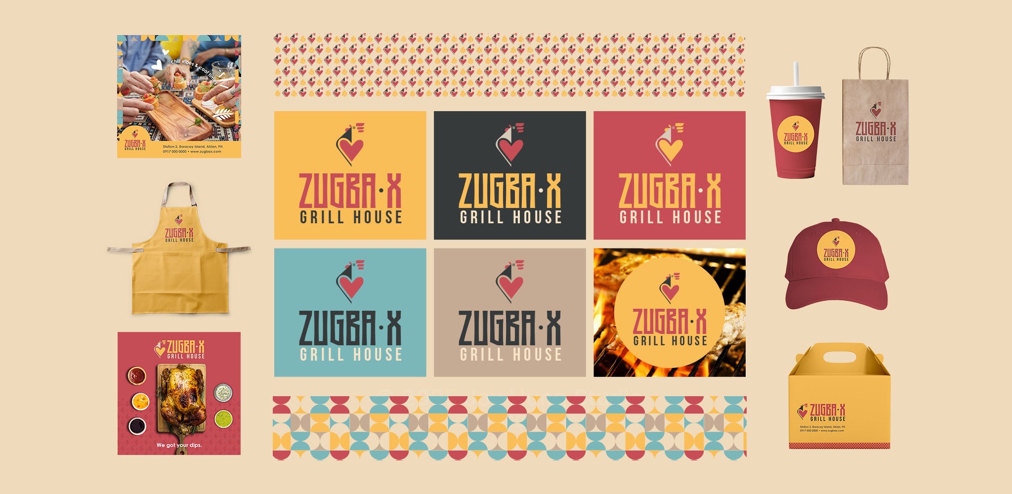 Collection of Zugba X Grill House branded items including aprons, hats, and packaging on a beige background.