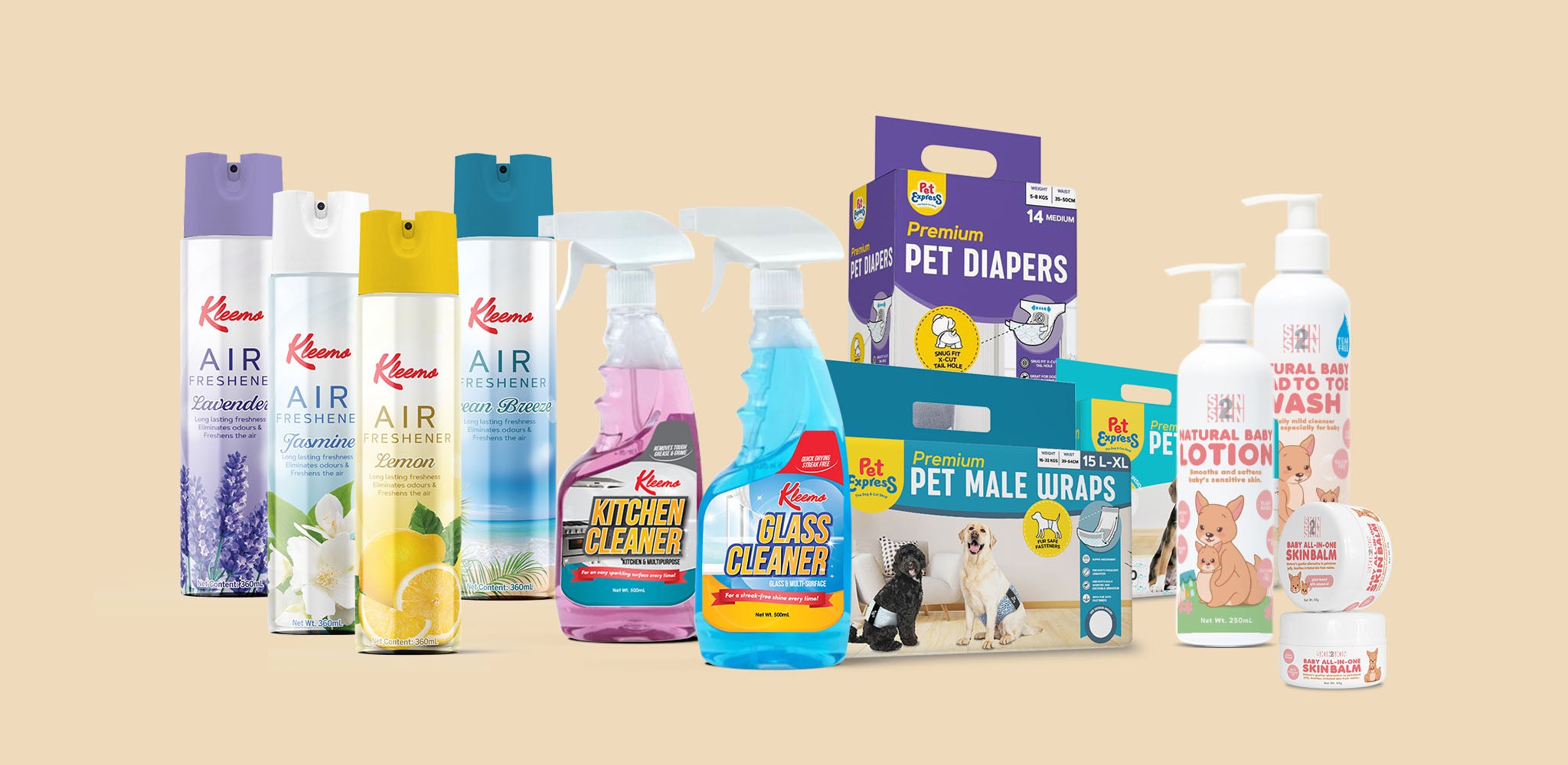 Assorted cleaning products and pet care items on a beige background