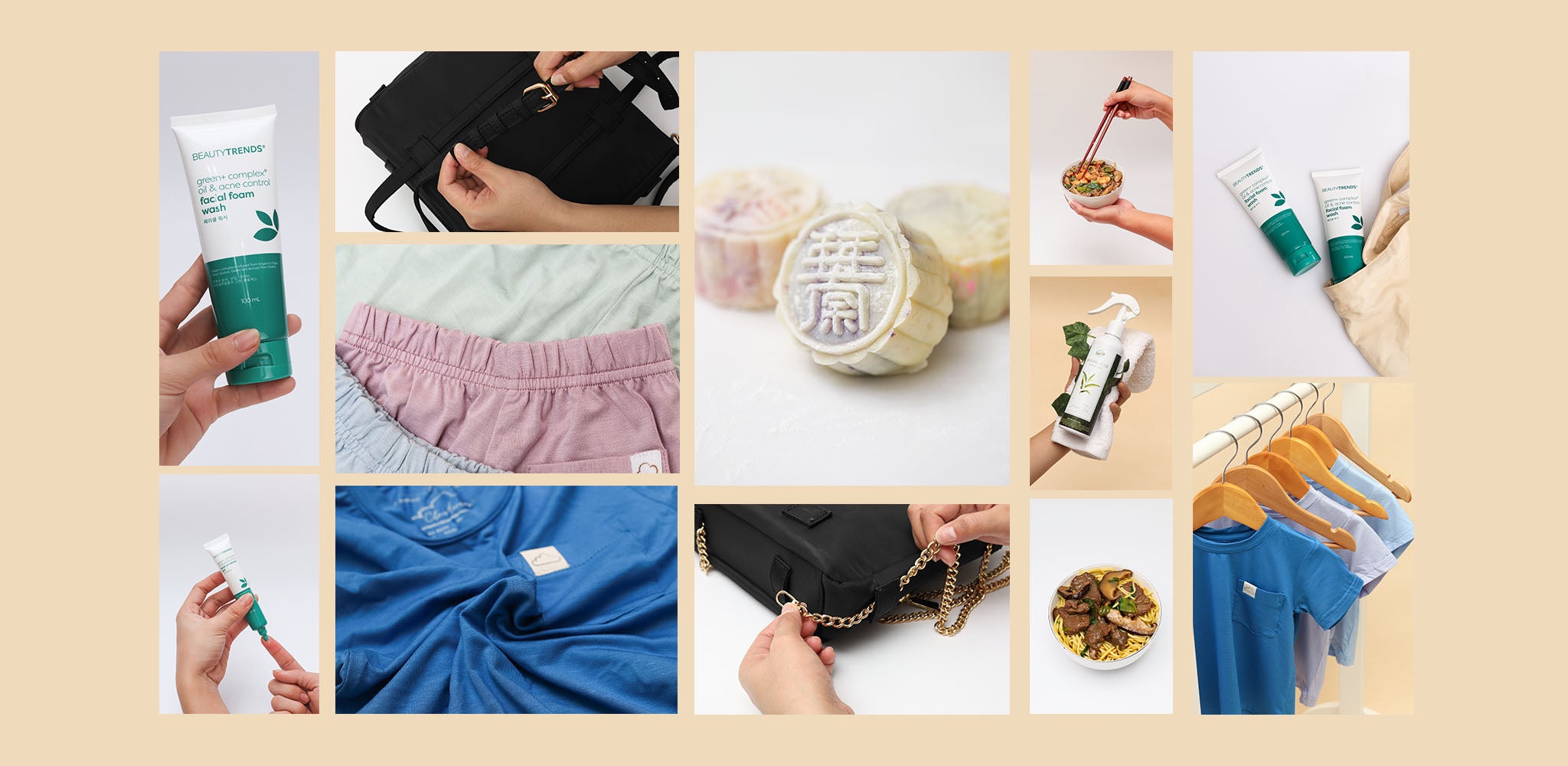 Collage photos of various products and activities on a beige background