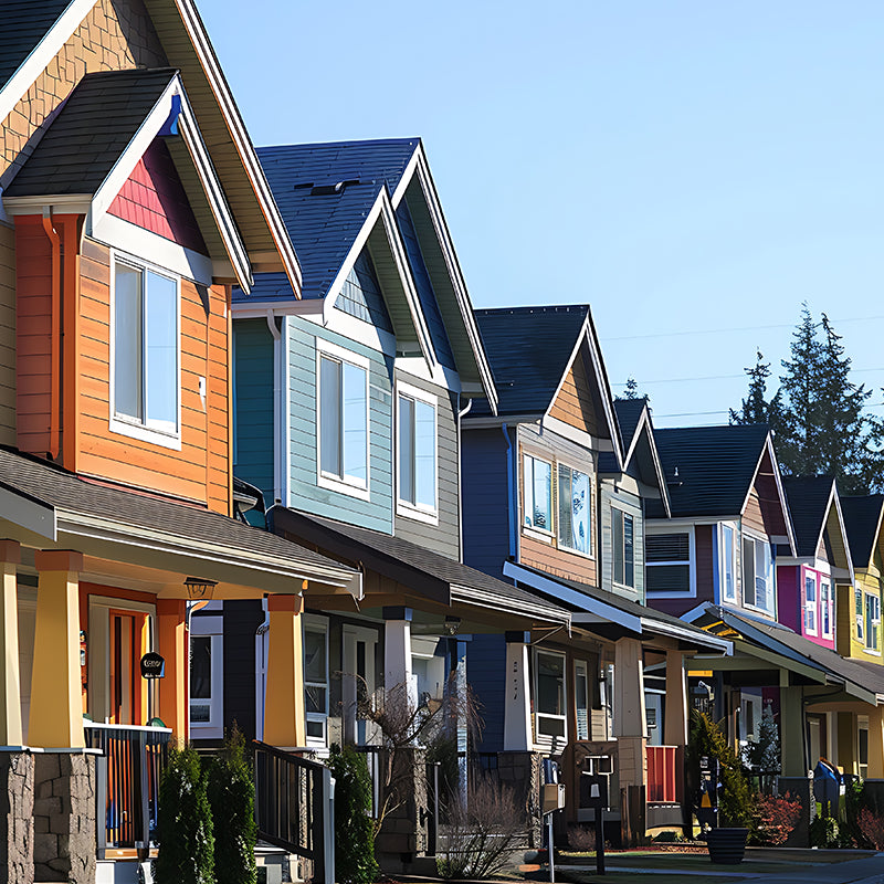 Row of colorful houses with a clear blue sky